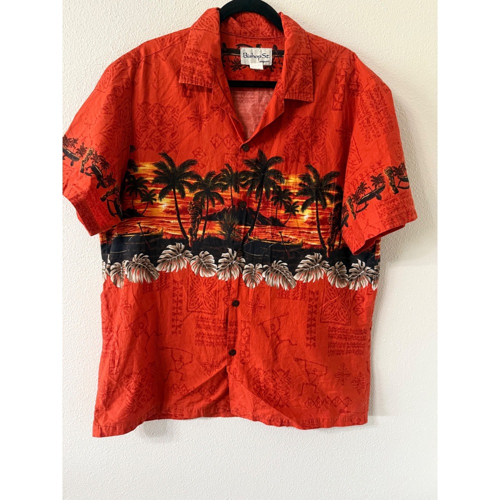 Bishop St. Apparel Mens XL Hawaiian Shirt Orange Tropical Sunset Made in Hawaii